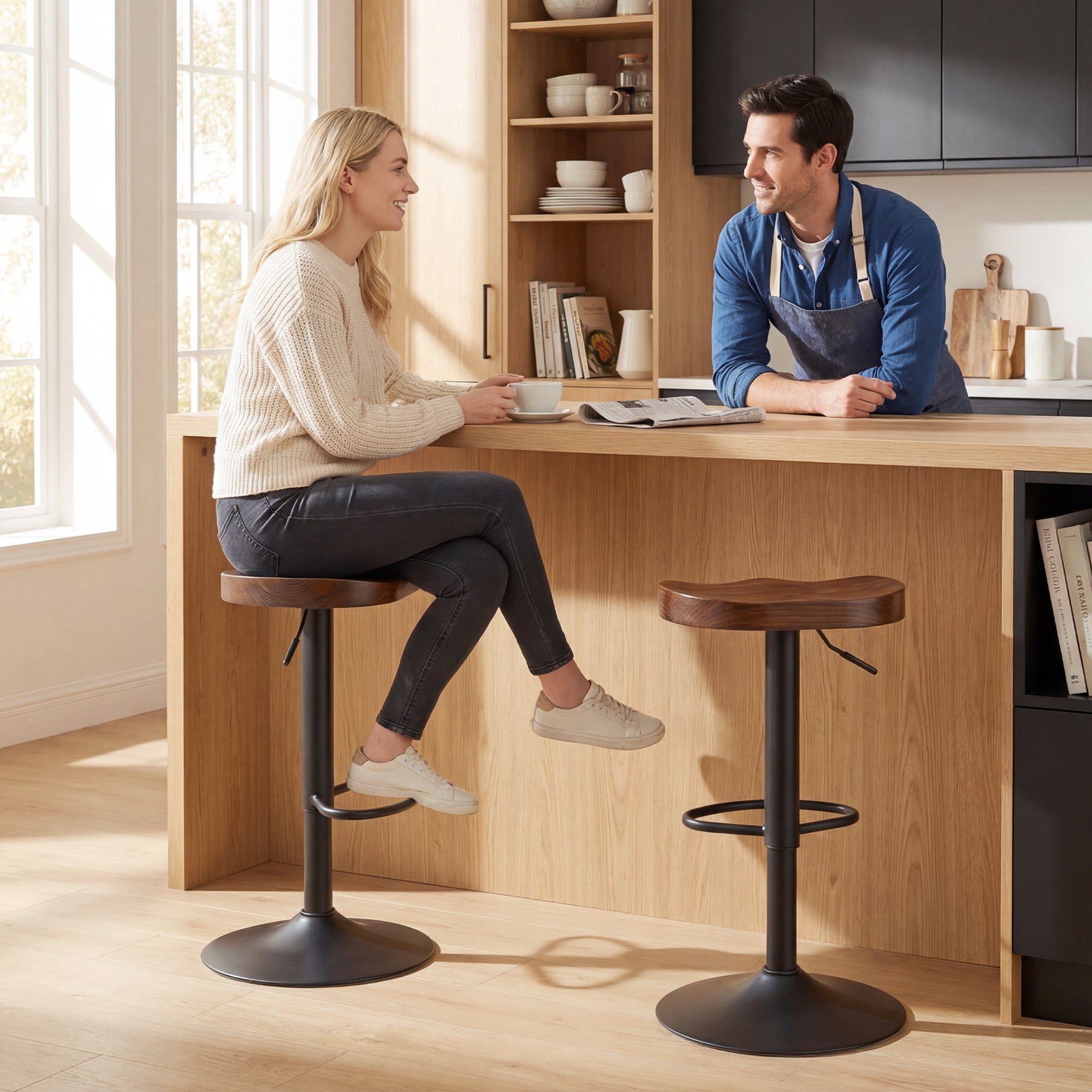 2-Pack Adjustable Swivel Bar Stools with Elm Saddle Seat, 24–32.3 in Height, Dark Brown/Black