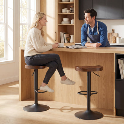 2-Pack Adjustable Swivel Bar Stools with Elm Saddle Seat, 24–32.3 in Height, Dark Brown/Black