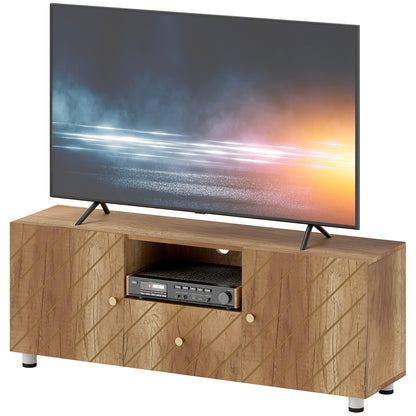 TV Stand Wooden TV Cabinet for TVs up to 50 Inches with 2 Cabinets and Open Compartment and Drawer for Living Room Bedroom, 120 x 30 x 45 cm, Natural Wood