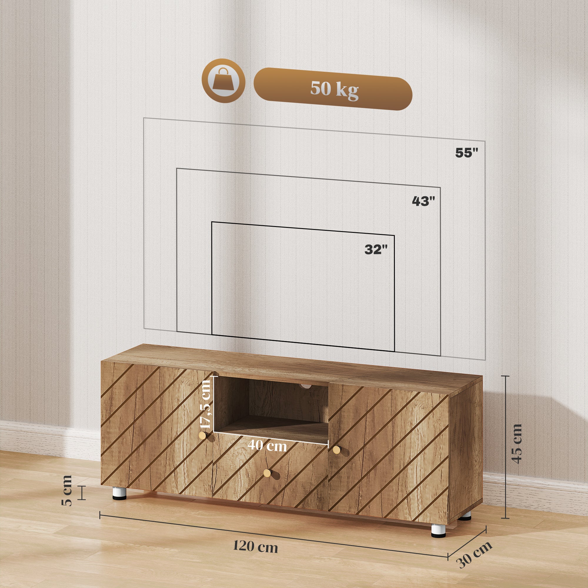 TV Stand Wooden TV Cabinet for TVs up to 50 Inches with 2 Cabinets and Open Compartment and Drawer for Living Room Bedroom, 120 x 30 x 45 cm, Natural Wood