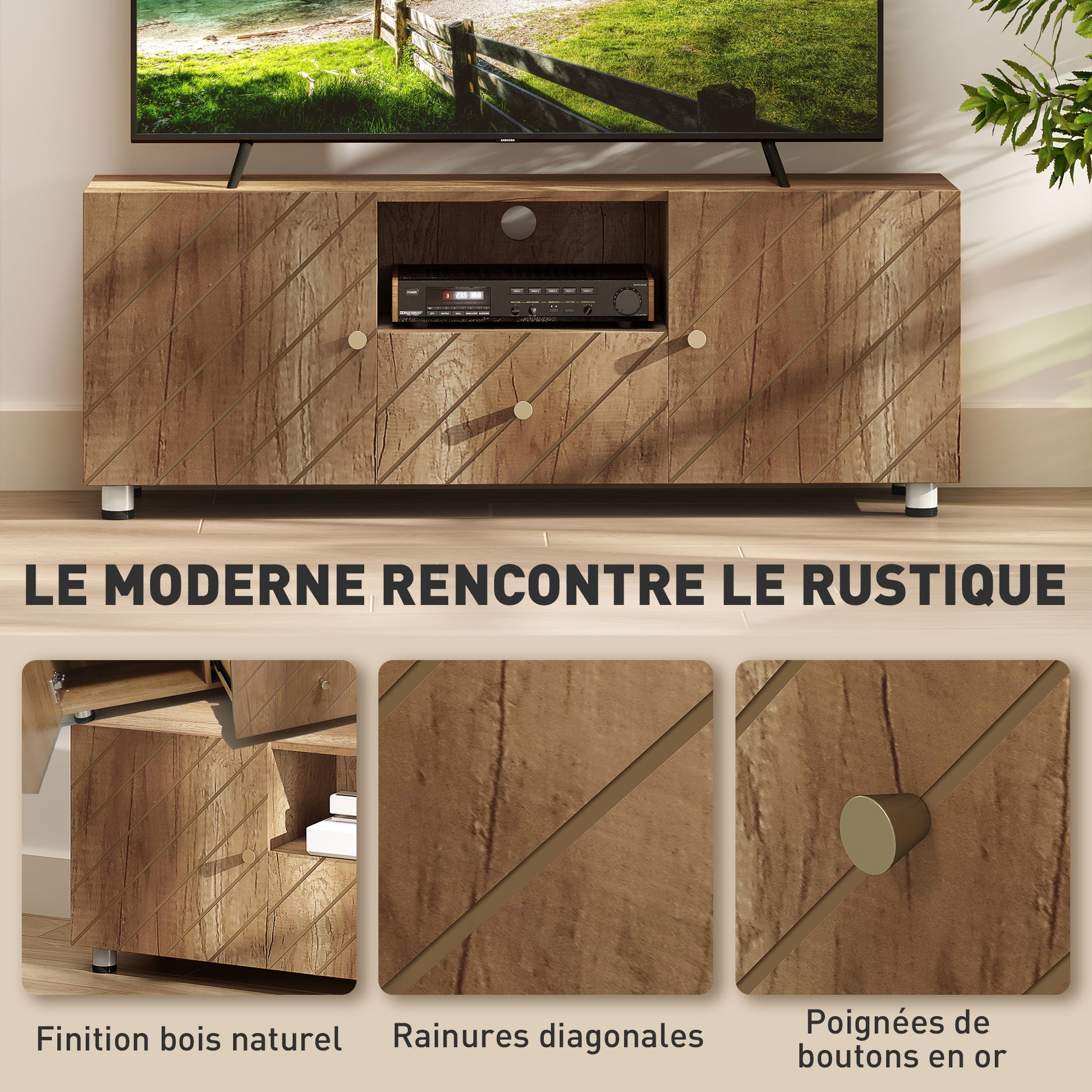 TV Stand Wooden TV Cabinet for TVs up to 50 Inches with 2 Cabinets and Open Compartment and Drawer for Living Room Bedroom, 120 x 30 x 45 cm, Natural Wood