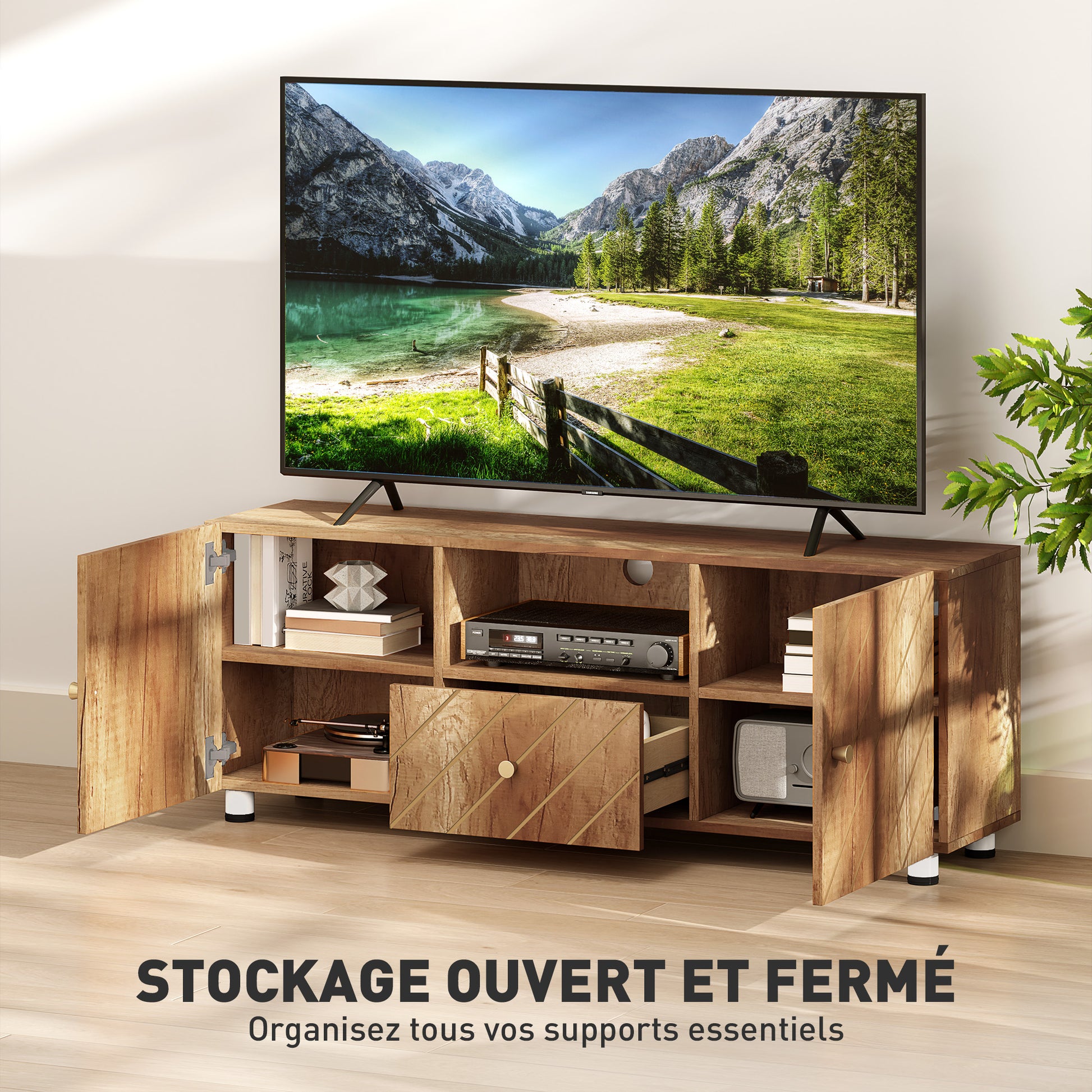 TV Stand Wooden TV Cabinet for TVs up to 50 Inches with 2 Cabinets and Open Compartment and Drawer for Living Room Bedroom, 120 x 30 x 45 cm, Natural Wood