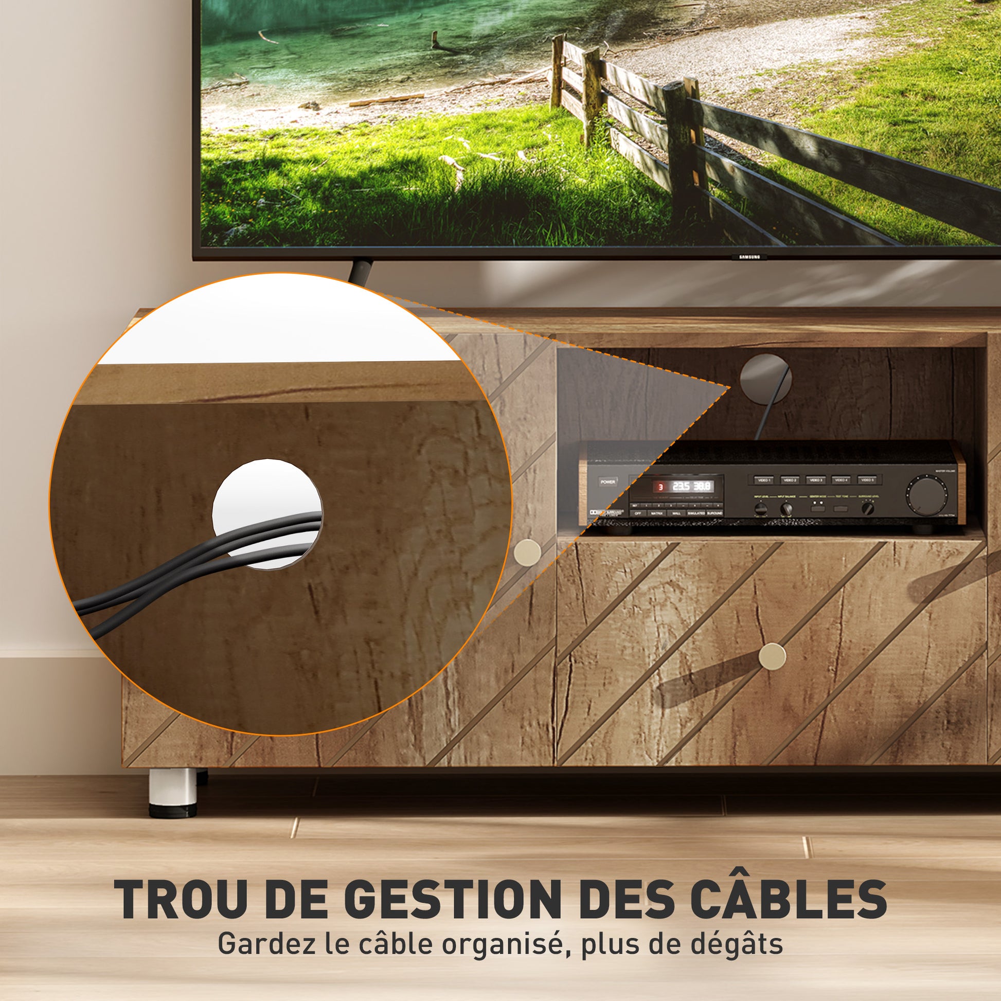 TV Stand Wooden TV Cabinet for TVs up to 50 Inches with 2 Cabinets and Open Compartment and Drawer for Living Room Bedroom, 120 x 30 x 45 cm, Natural Wood