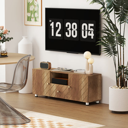 TV Stand Wooden TV Cabinet for TVs up to 50 Inches with 2 Cabinets and Open Compartment and Drawer for Living Room Bedroom, 120 x 30 x 45 cm, Natural Wood