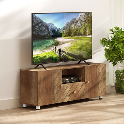 TV Stand Wooden TV Cabinet for TVs up to 50 Inches with 2 Cabinets and Open Compartment and Drawer for Living Room Bedroom, 120 x 30 x 45 cm, Natural Wood