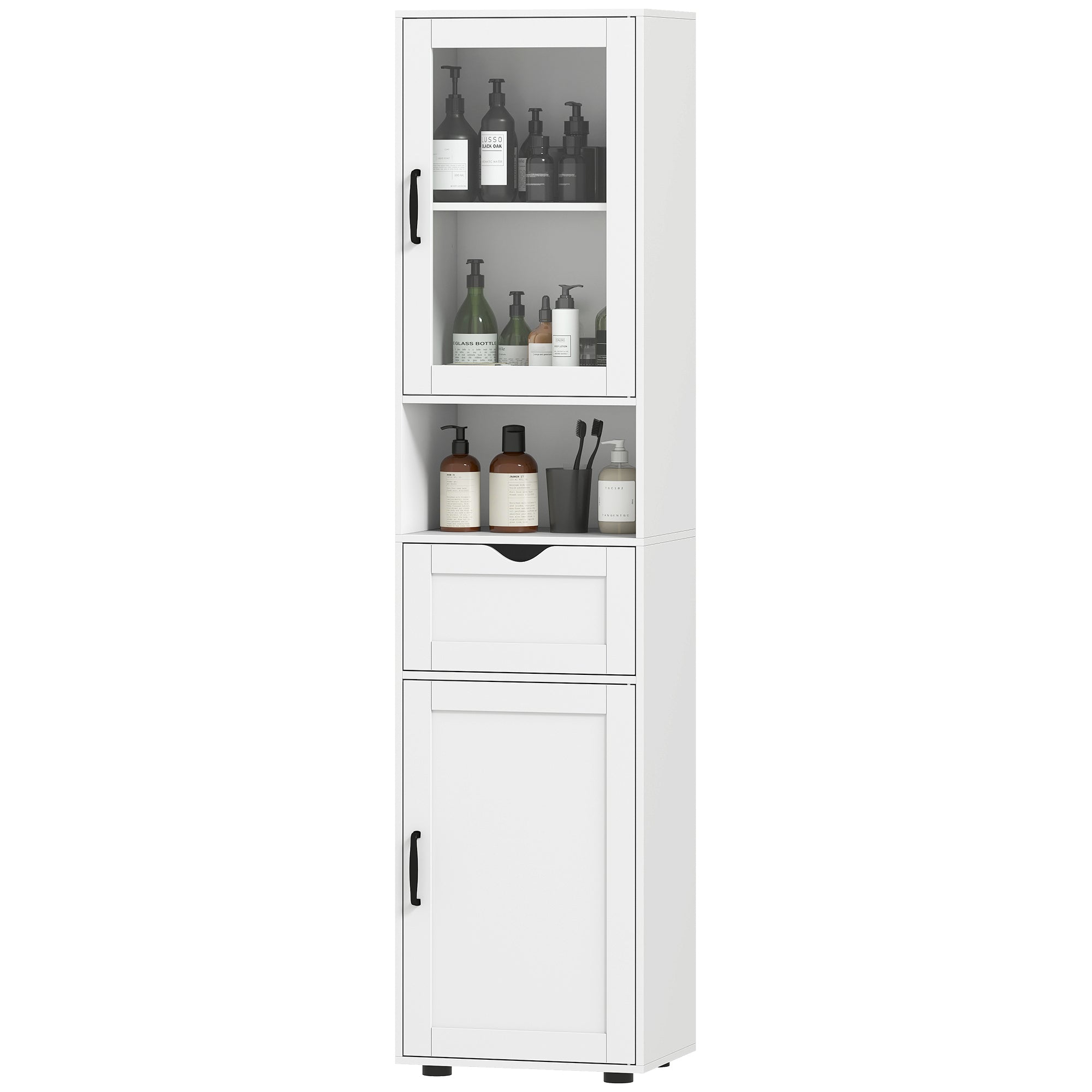 Slim Bathroom Storage Cabinet with Glass Door, Open Shelf, Drawer & Adjustable Shelves — 15.7" x 11.8" x 65", White