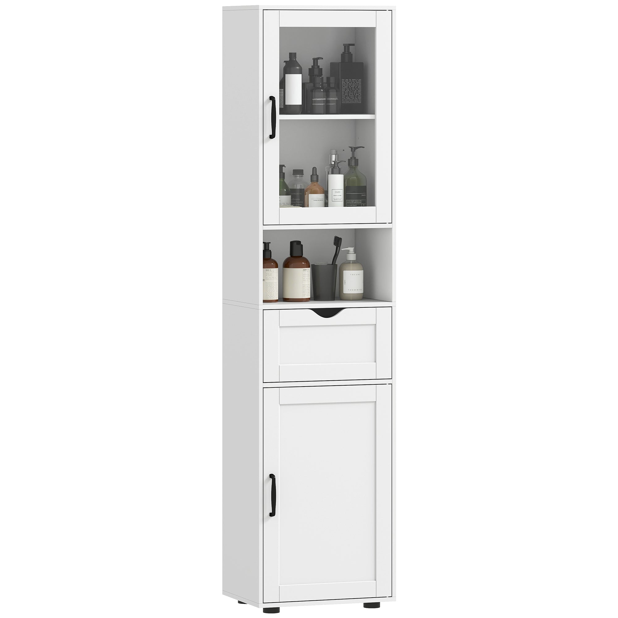 Slim Bathroom Storage Cabinet with Glass Door, Open Shelf, Drawer & Adjustable Shelves — 15.7" x 11.8" x 65", White