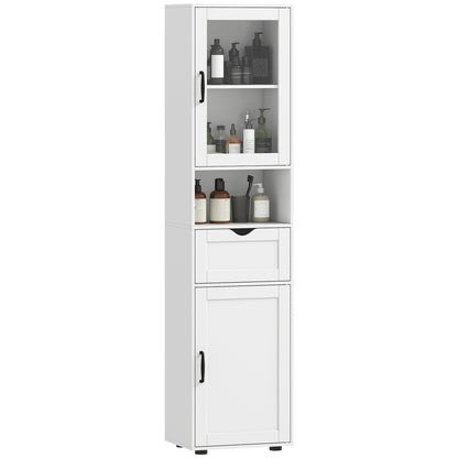 Slim Bathroom Storage Cabinet with Glass Door, Open Shelf, Drawer & Adjustable Shelves — 15.7" x 11.8" x 65", White