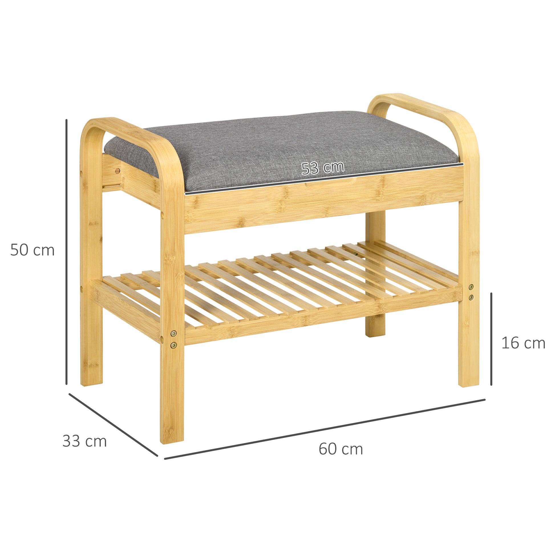 Shoe Bench with Seat Cushion, Shoe Storage, Hidden Compartment, Bamboo Slatted Shelf, for Living Room, Entryway, Bedroom, 60 x 33 x 50, Natural