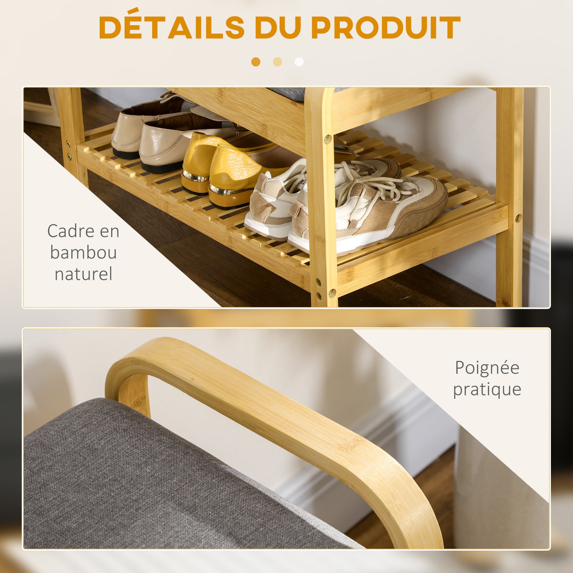 Shoe Bench with Seat Cushion, Shoe Storage, Hidden Compartment, Bamboo Slatted Shelf, for Living Room, Entryway, Bedroom, 60 x 33 x 50, Natural