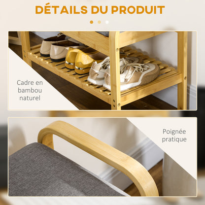 Shoe Bench with Seat Cushion, Shoe Storage, Hidden Compartment, Bamboo Slatted Shelf, for Living Room, Entryway, Bedroom, 60 x 33 x 50, Natural