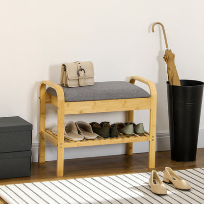 Shoe Bench with Seat Cushion, Shoe Storage, Hidden Compartment, Bamboo Slatted Shelf, for Living Room, Entryway, Bedroom, 60 x 33 x 50, Natural