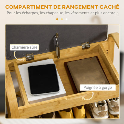 Shoe Bench with Seat Cushion, Shoe Storage, Hidden Compartment, Bamboo Slatted Shelf, for Living Room, Entryway, Bedroom, 60 x 33 x 50, Natural