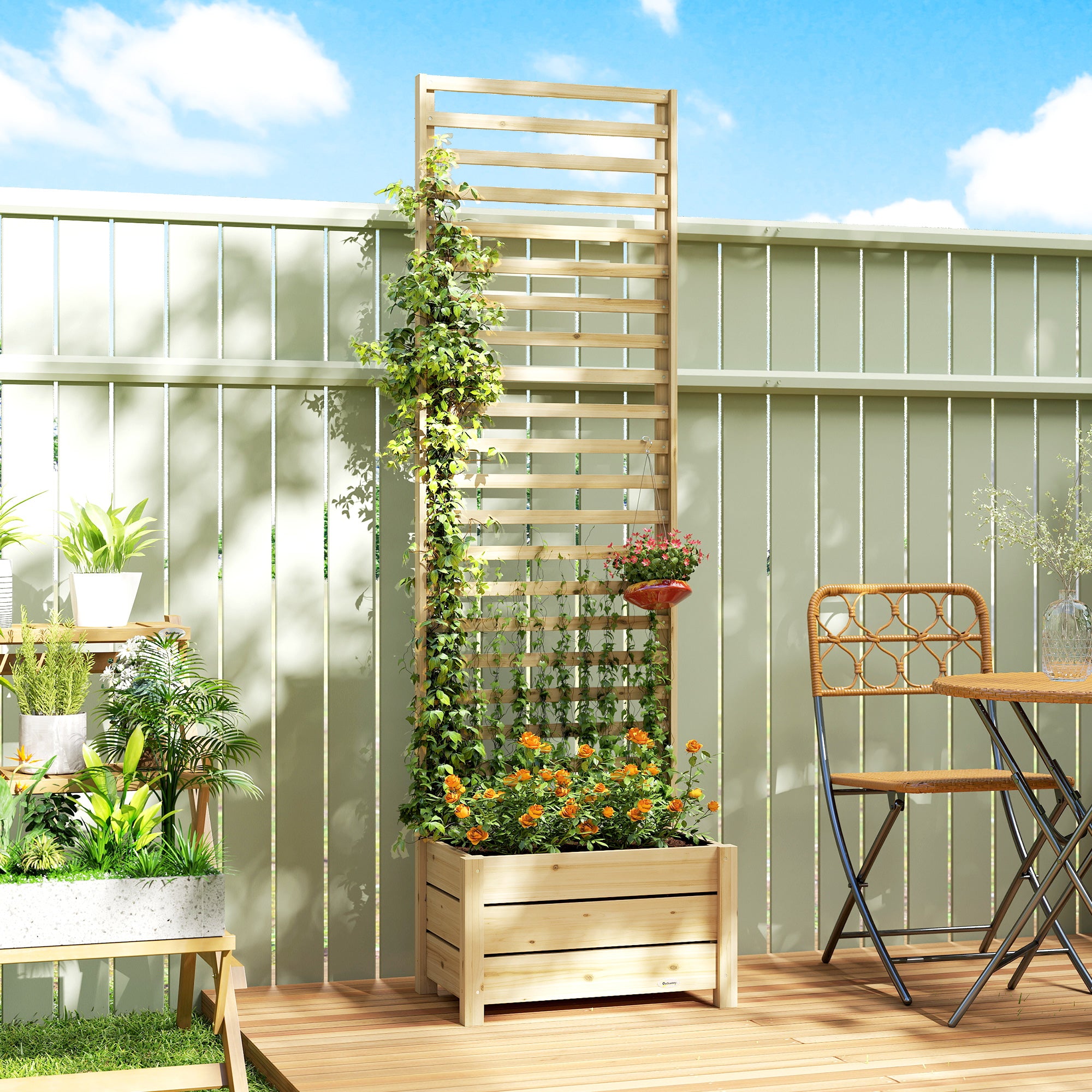Raised Wooden Planter with Trellis, Flower Pot with Trellis, Drainage Hole and Non‑Woven Liner, Climbing Plant Planter for Garden 60 x 39 x 200 cm, Natural Wood