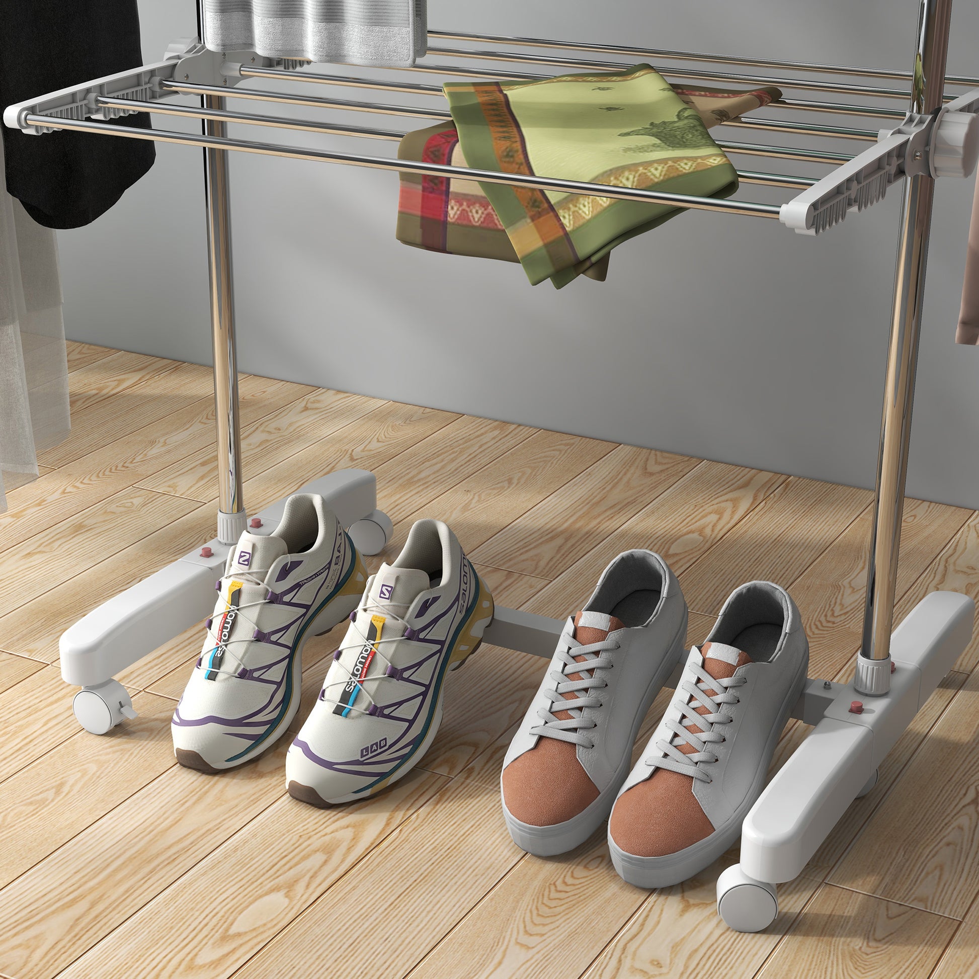Laundry Rack Tower Clothes Drying Stand with 3 Levels, Foldable Wings, Wheels, Tower Laundry Rack for Indoor and Outdoor Use, 142 x 55 x 152 cm, White