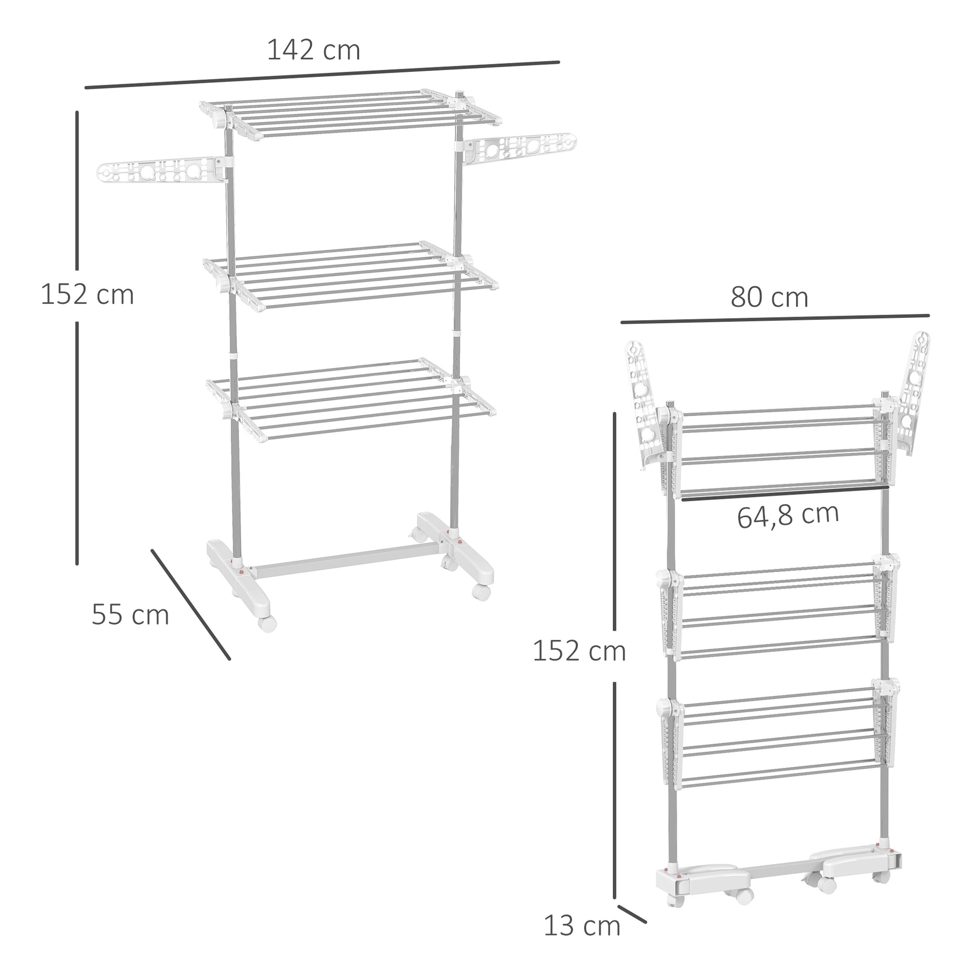 Laundry Rack Tower Clothes Drying Stand with 3 Levels, Foldable Wings, Wheels, Tower Laundry Rack for Indoor and Outdoor Use, 142 x 55 x 152 cm, White