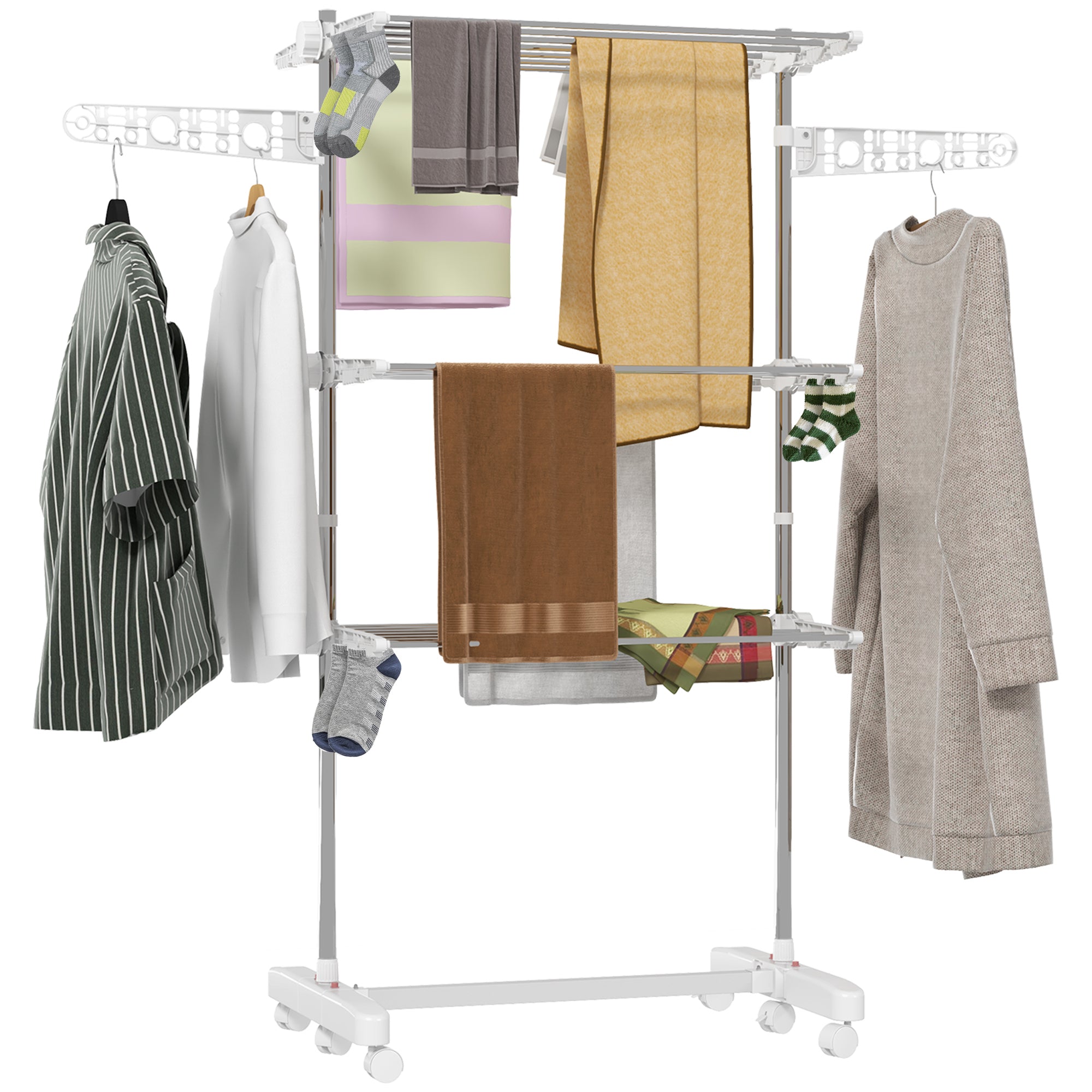 Laundry Rack Tower Clothes Drying Stand with 3 Levels, Foldable Wings, Wheels, Tower Laundry Rack for Indoor and Outdoor Use, 142 x 55 x 152 cm, White