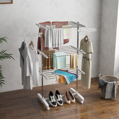 Laundry Rack Tower Clothes Drying Stand with 3 Levels, Foldable Wings, Wheels, Tower Laundry Rack for Indoor and Outdoor Use, 142 x 55 x 152 cm, White
