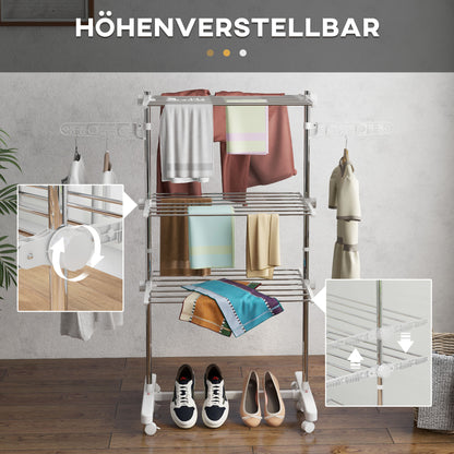 Laundry Rack Tower Clothes Drying Stand with 3 Levels, Foldable Wings, Wheels, Tower Laundry Rack for Indoor and Outdoor Use, 142 x 55 x 152 cm, White