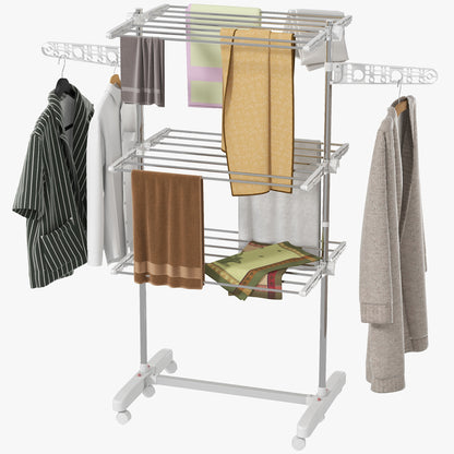 Laundry Rack Tower Clothes Drying Stand with 3 Levels, Foldable Wings, Wheels, Tower Laundry Rack for Indoor and Outdoor Use, 142 x 55 x 152 cm, White