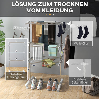 Laundry Rack Tower Clothes Drying Stand with 3 Levels, Foldable Wings, Wheels, Tower Laundry Rack for Indoor and Outdoor Use, 142 x 55 x 152 cm, White