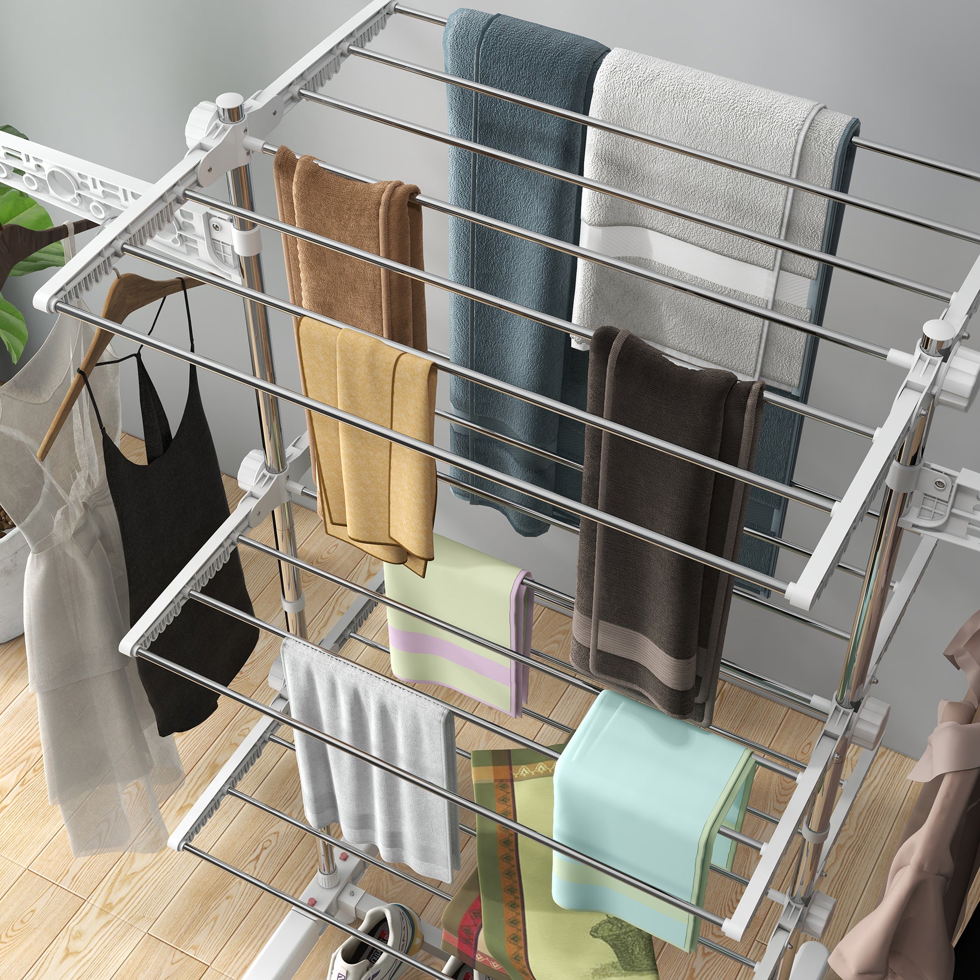 Laundry Rack Tower Clothes Drying Stand with 3 Levels, Foldable Wings, Wheels, Tower Laundry Rack for Indoor and Outdoor Use, 142 x 55 x 152 cm, White
