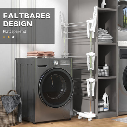 Laundry Rack Tower Clothes Drying Stand with 3 Levels, Foldable Wings, Wheels, Tower Laundry Rack for Indoor and Outdoor Use, 142 x 55 x 152 cm, White