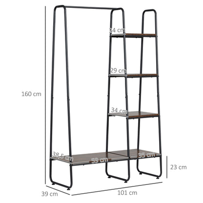 Wooden Clothes Rack with 5 Storage Shelves and Hanging Rod for Bedroom Living Room Entry Industrial Style 101x39x160 cm Rustic