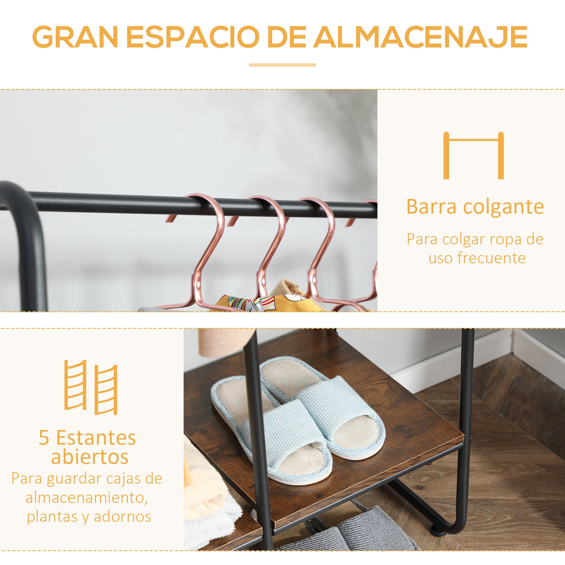 Wooden Clothes Rack with 5 Storage Shelves and Hanging Rod for Bedroom Living Room Entry Industrial Style 101x39x160 cm Rustic