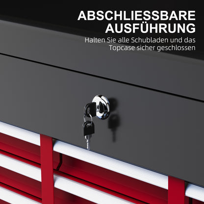 Tool Chest, Tool Box without Tools, with 6 Drawers, Lock, Tool Storage Box with Handle, Toolbox, Steel, Red+Black, 60 x 26 x 34 cm