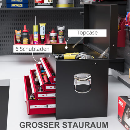 Tool Chest, Tool Box without Tools, with 6 Drawers, Lock, Tool Storage Box with Handle, Toolbox, Steel, Red+Black, 60 x 26 x 34 cm