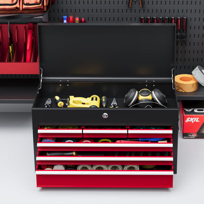 Tool Chest, Tool Box without Tools, with 6 Drawers, Lock, Tool Storage Box with Handle, Toolbox, Steel, Red+Black, 60 x 26 x 34 cm