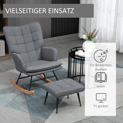 Schaukelstuhl Schwingsessel mit Hocker, Armlehnsessel, Sessel mit Leinenoptik, Schaukelsessel bis 130 kg Belastbarkeit für Schlafzimmer, Wohnzimmer, Grau