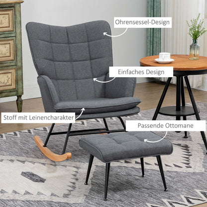 Schaukelstuhl Schwingsessel mit Hocker, Armlehnsessel, Sessel mit Leinenoptik, Schaukelsessel bis 130 kg Belastbarkeit für Schlafzimmer, Wohnzimmer, Grau