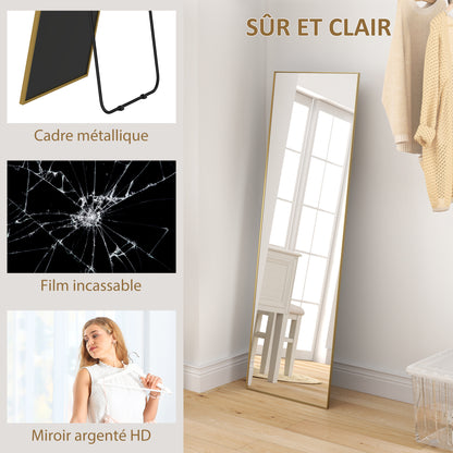 Large rectangular full-length mirror, 50 x 160 cm - floor standing, wall-mounted, or leaned against the wall - for bedroom, living room, and dressing room, gold