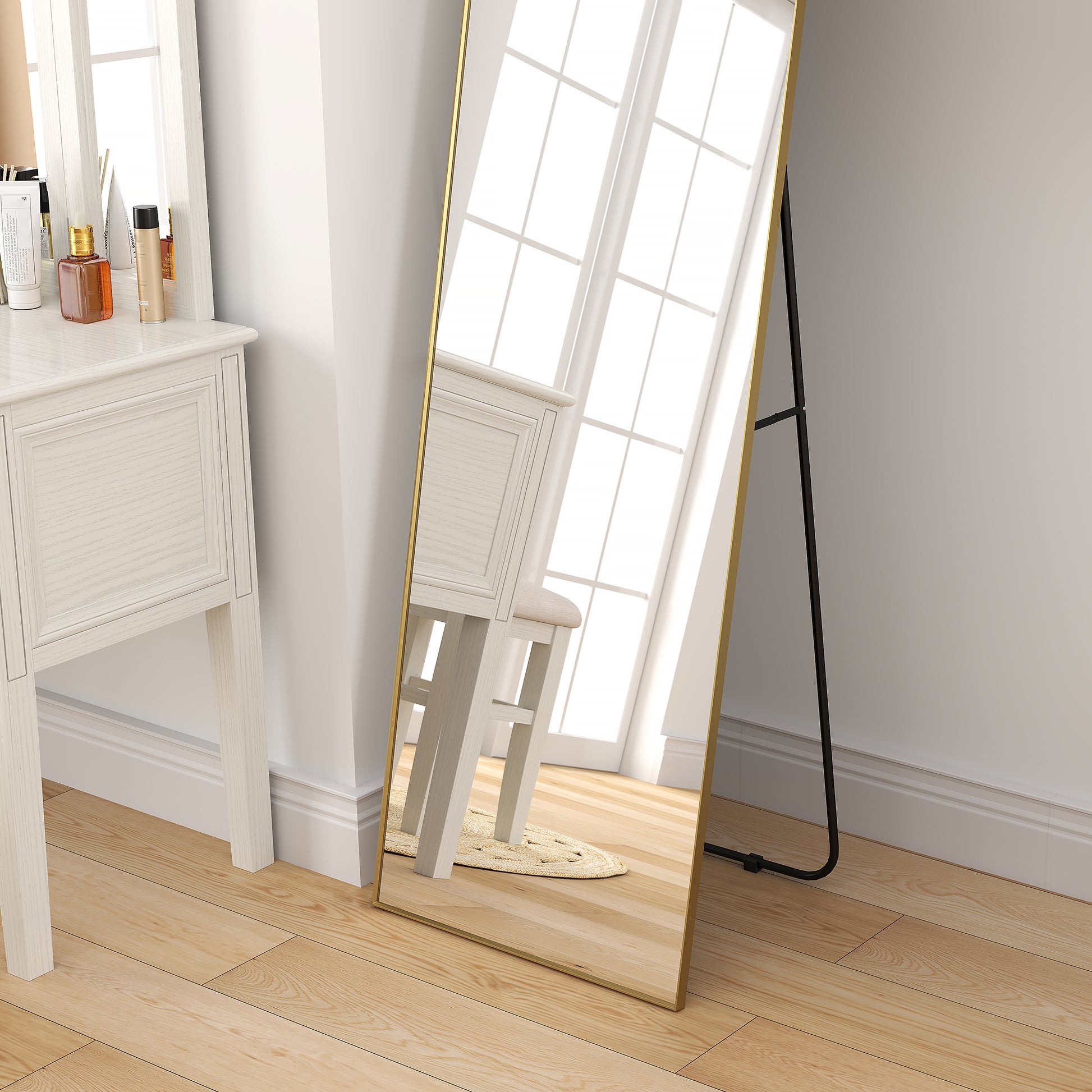 Large rectangular full-length mirror, 50 x 160 cm - floor standing, wall-mounted, or leaned against the wall - for bedroom, living room, and dressing room, gold