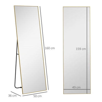 Large rectangular full-length mirror, 50 x 160 cm - floor standing, wall-mounted, or leaned against the wall - for bedroom, living room, and dressing room, gold