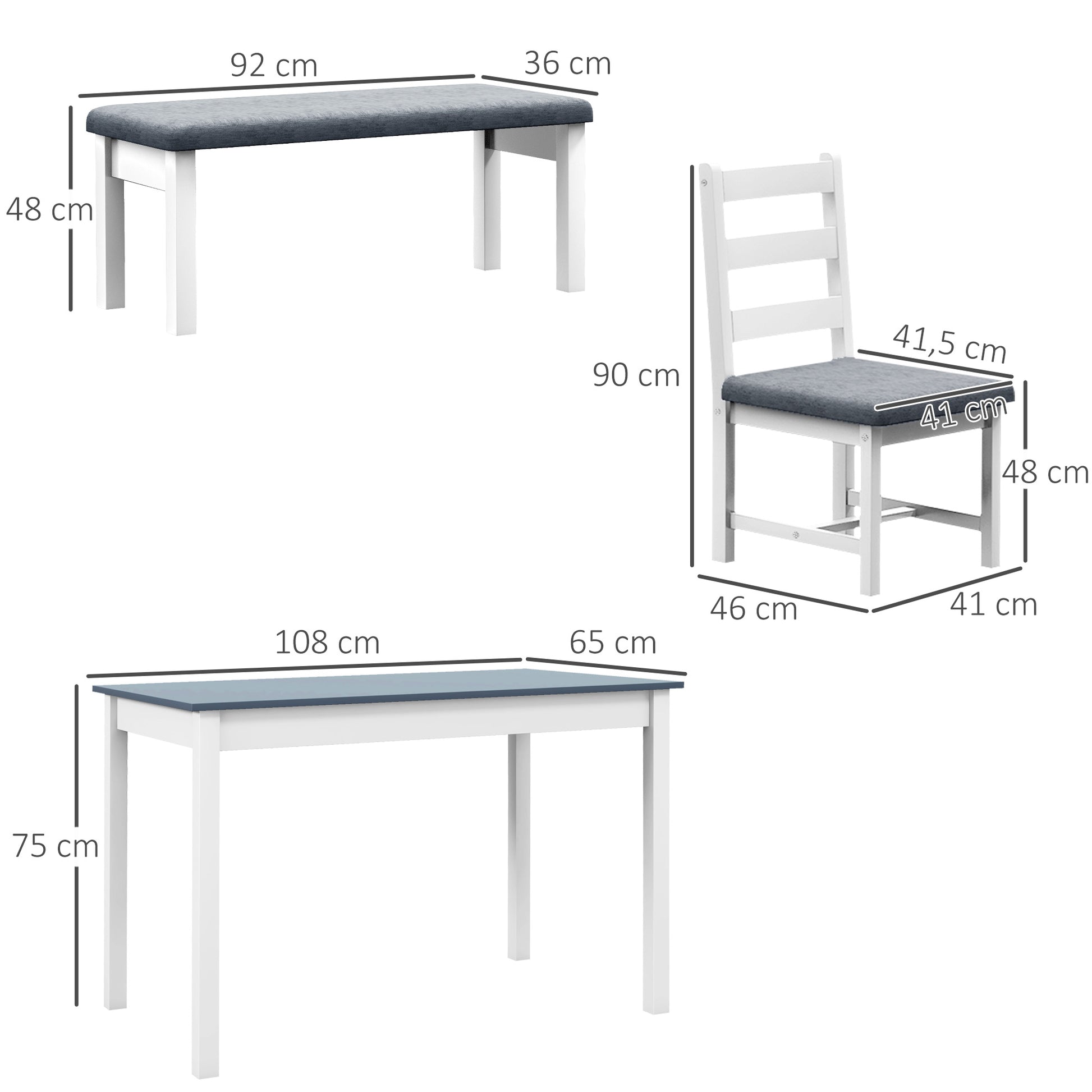 dining group, dining table with 2 padded chairs, bench, 4-piece dining table set, dining group with linen look for kitchen, living room, pine wood, gray, white