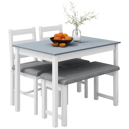 dining group, dining table with 2 padded chairs, bench, 4-piece dining table set, dining group with linen look for kitchen, living room, pine wood, gray, white