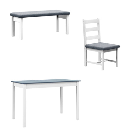 dining group, dining table with 2 padded chairs, bench, 4-piece dining table set, dining group with linen look for kitchen, living room, pine wood, gray, white