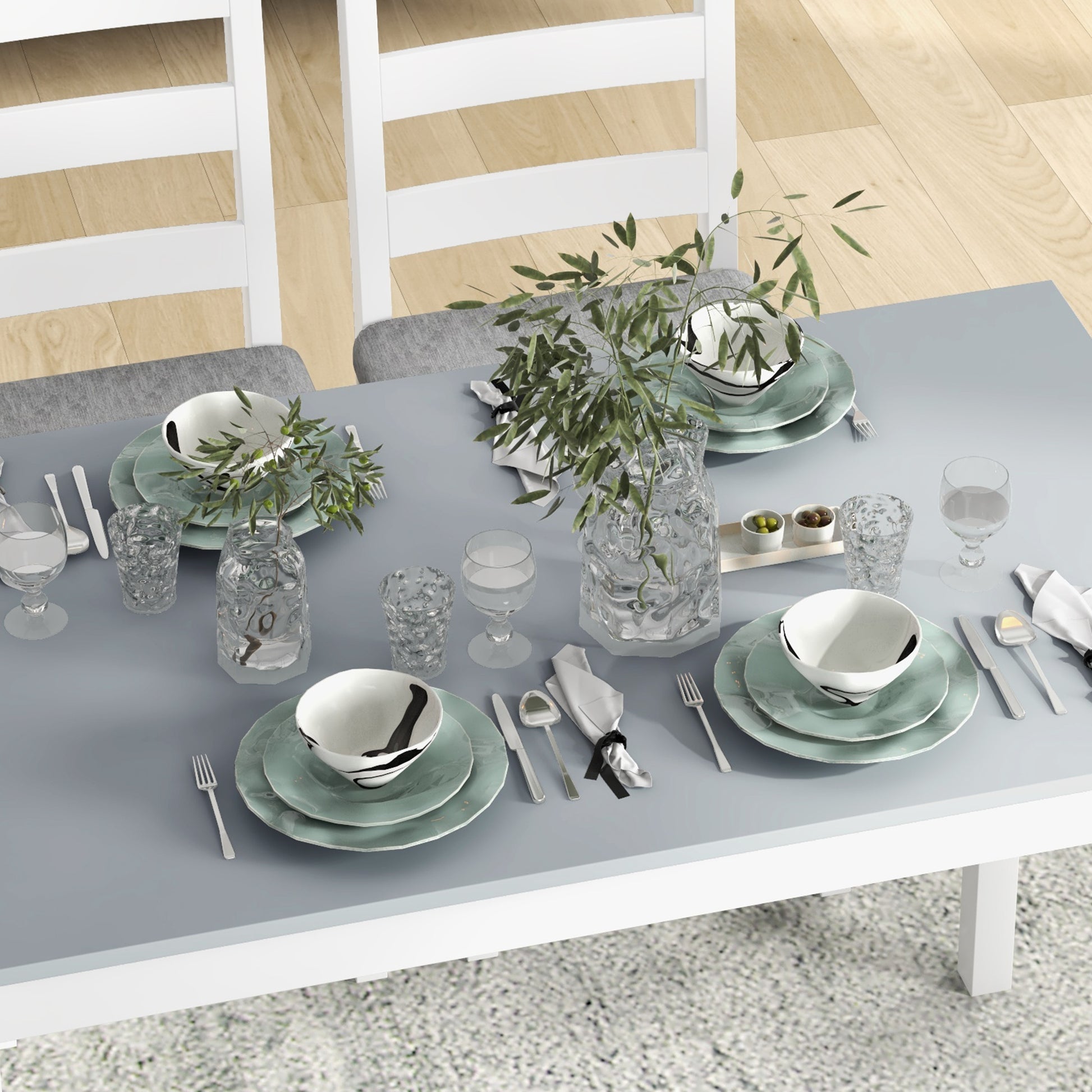 dining group, dining table with 2 padded chairs, bench, 4-piece dining table set, dining group with linen look for kitchen, living room, pine wood, gray, white