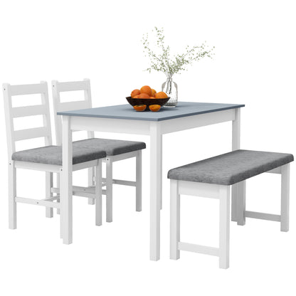 dining group, dining table with 2 padded chairs, bench, 4-piece dining table set, dining group with linen look for kitchen, living room, pine wood, gray, white