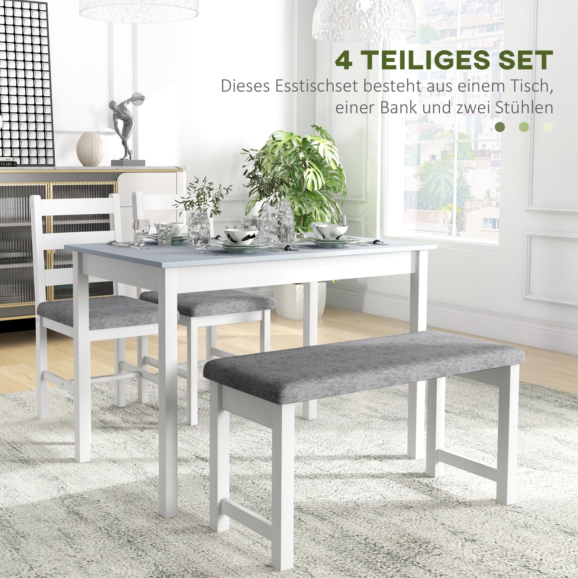 dining group, dining table with 2 padded chairs, bench, 4-piece dining table set, dining group with linen look for kitchen, living room, pine wood, gray, white