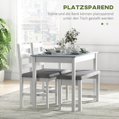 dining group, dining table with 2 padded chairs, bench, 4-piece dining table set, dining group with linen look for kitchen, living room, pine wood, gray, white
