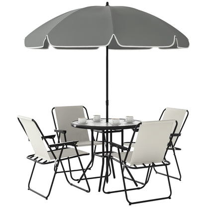 6-Piece Garden Table and Chairs Set Outdoor Furniture with 4 Folding Chairs Glass Table and Umbrella for Patio Cream