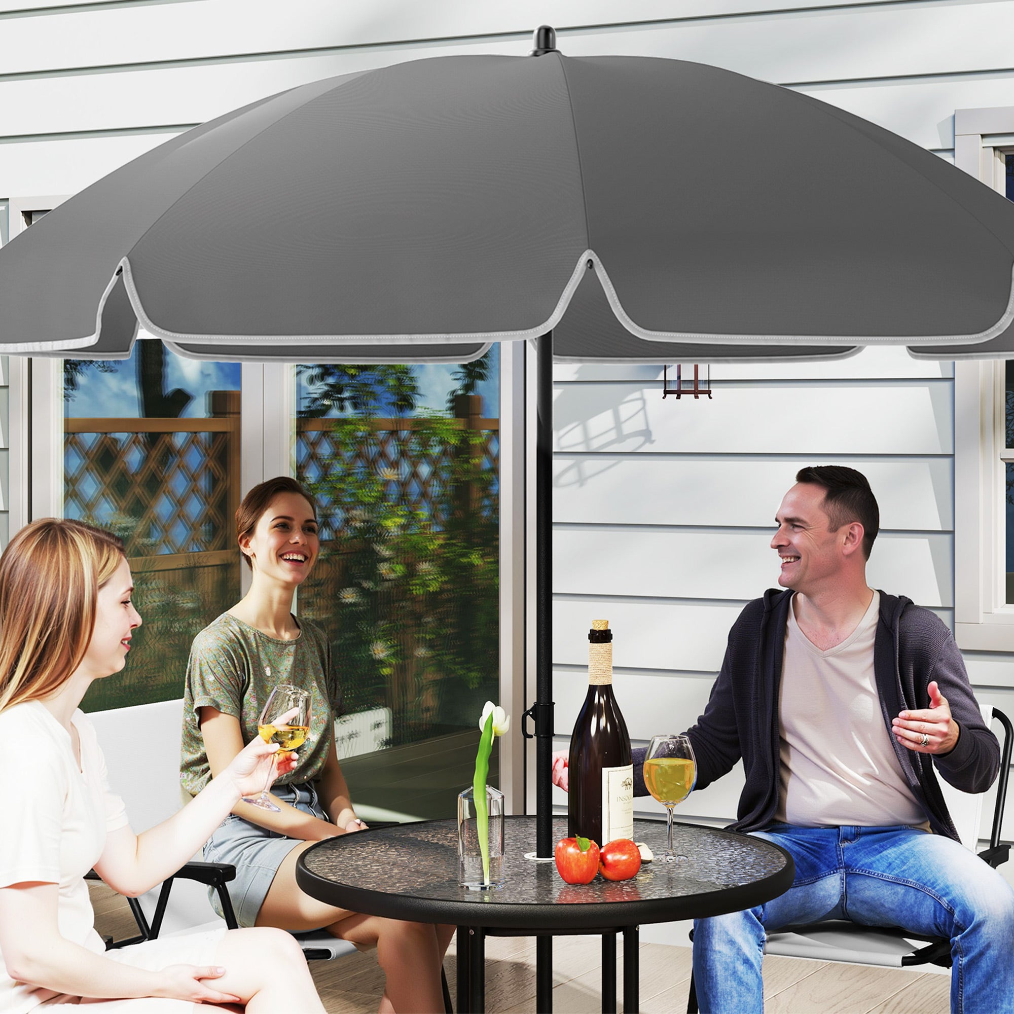 6-Piece Garden Table and Chairs Set Outdoor Furniture with 4 Folding Chairs Glass Table and Umbrella for Patio Cream