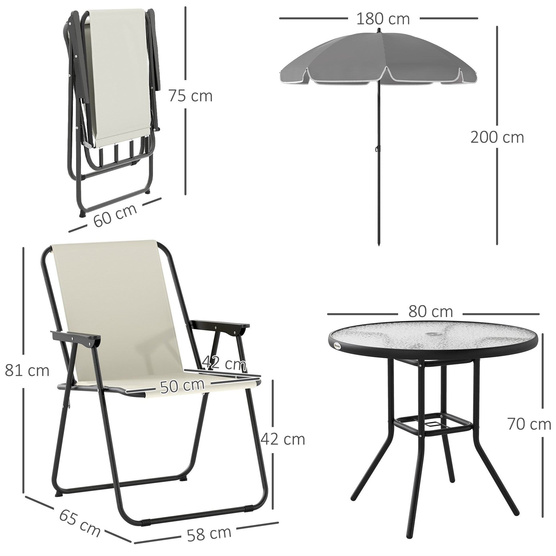 6-Piece Garden Table and Chairs Set Outdoor Furniture with 4 Folding Chairs Glass Table and Umbrella for Patio Cream