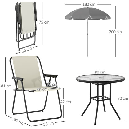 6-Piece Garden Table and Chairs Set Outdoor Furniture with 4 Folding Chairs Glass Table and Umbrella for Patio Cream