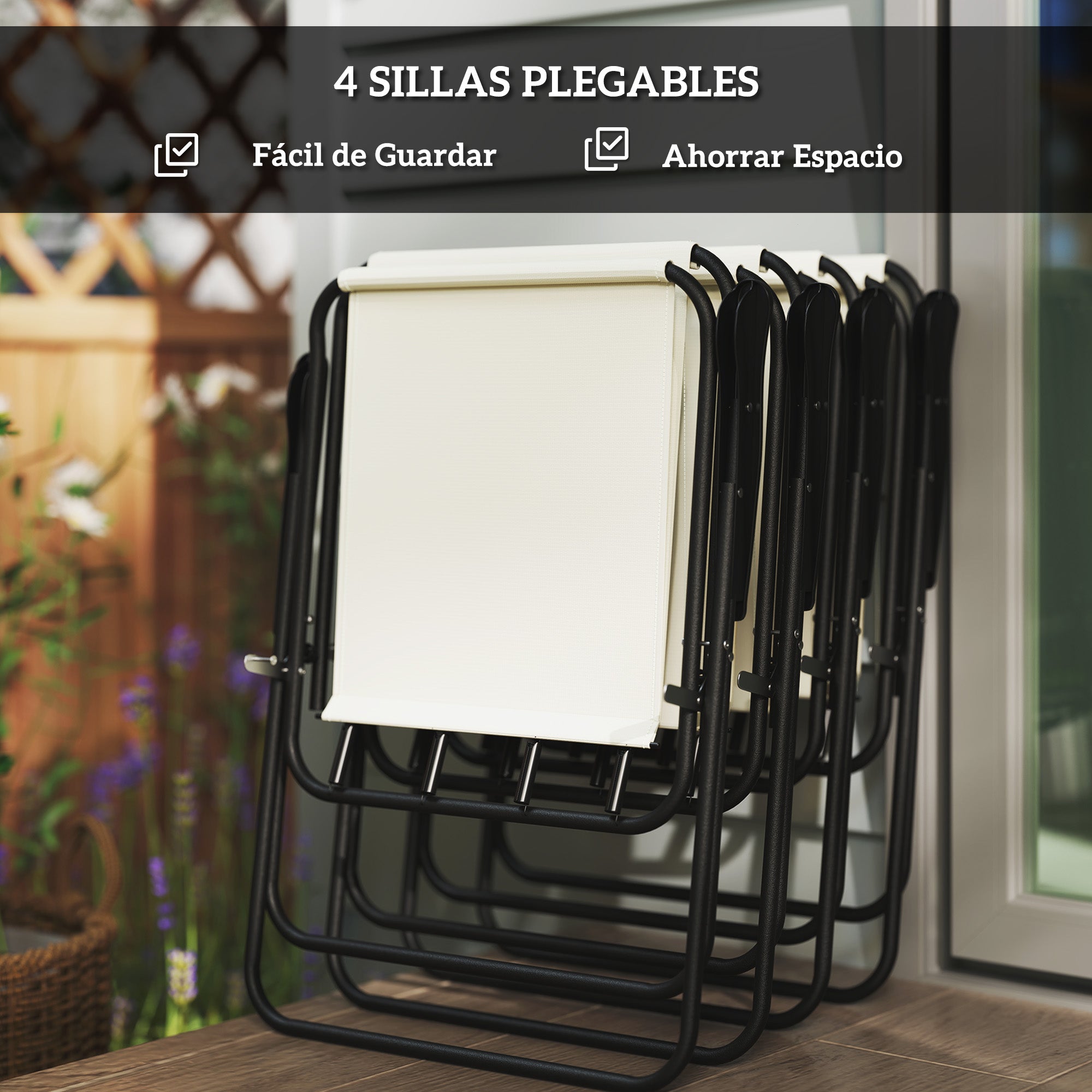 6-Piece Garden Table and Chairs Set Outdoor Furniture with 4 Folding Chairs Glass Table and Umbrella for Patio Cream