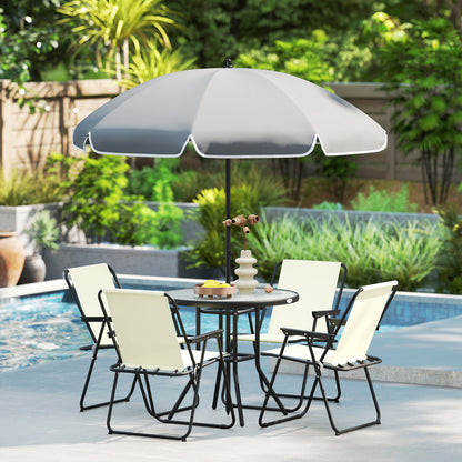 6-Piece Garden Table and Chairs Set Outdoor Furniture with 4 Folding Chairs Glass Table and Umbrella for Patio Cream